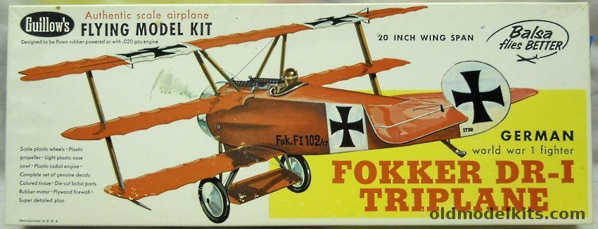 Guillows Fokker DR-1 Triplane - 20 inch Wingspan for Free Flight or R/C Conversion, 204 plastic model kit